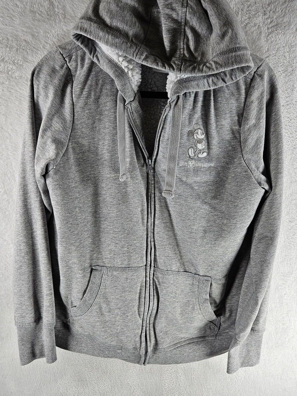 Disney Mickey Mouse Sherpa Zip-Up Hoodie Heather Gray Women's Size Medium